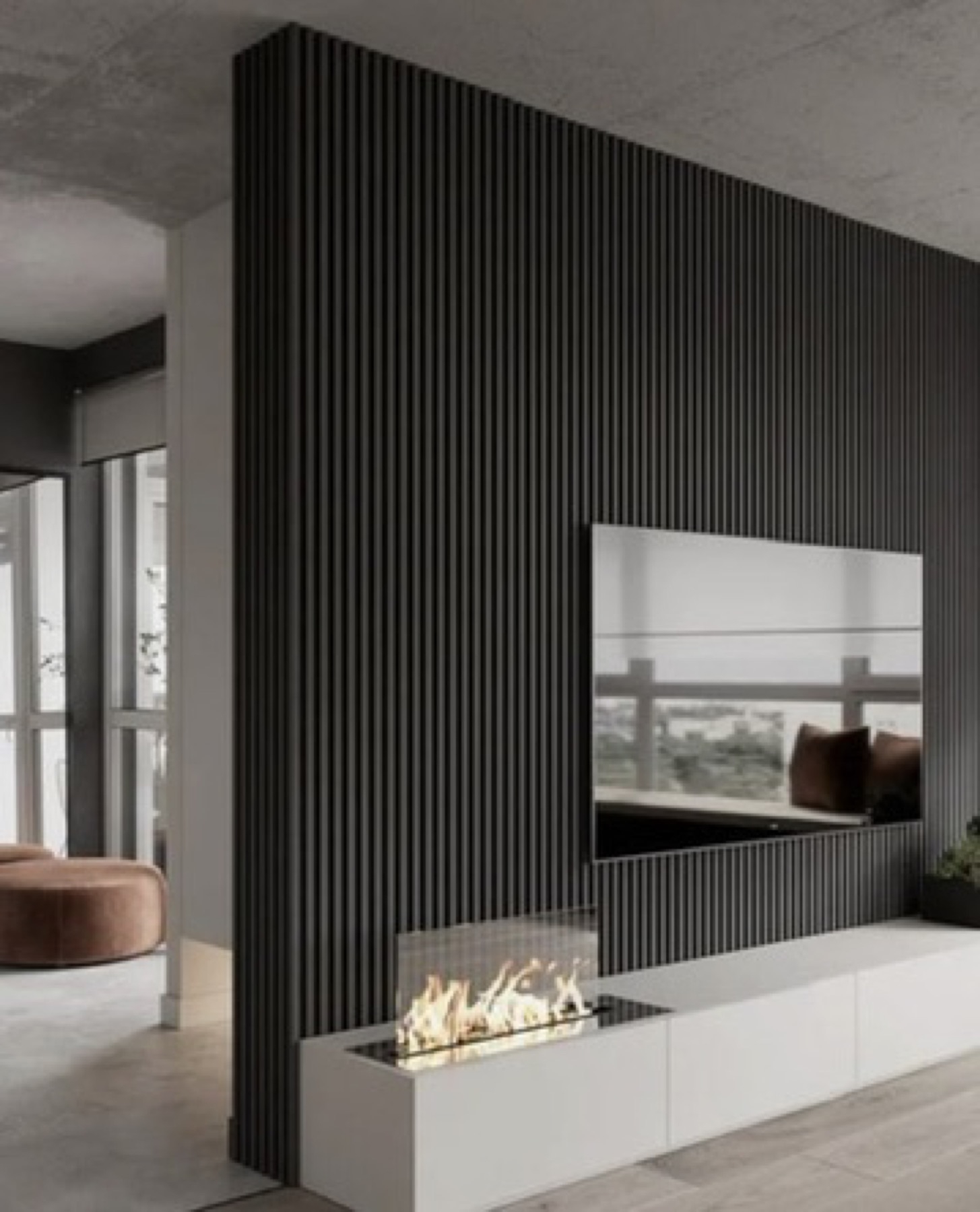 Dark slat fireplace feature wall